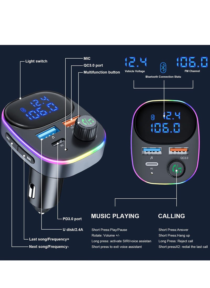 SYOSI - Newest Bluetooth V5.3 FM Transmitter, Bluetooth Car Transmitter Car Radio Transmitter Hands Free Car Kit MP3 Player QC3.0 PD3.0 Car Charger with LED Display Support USB Drive Colorful Light - Image 1