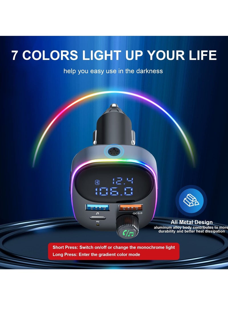 SYOSI - Newest Bluetooth V5.3 FM Transmitter, Bluetooth Car Transmitter Car Radio Transmitter Hands Free Car Kit MP3 Player QC3.0 PD3.0 Car Charger with LED Display Support USB Drive Colorful Light - Image 1