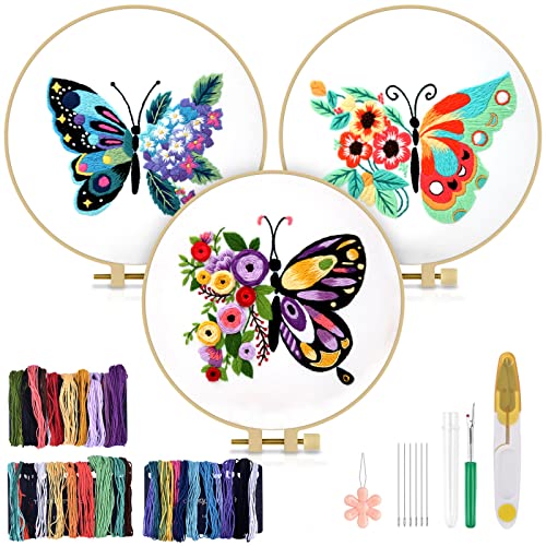 TINDTOP 3 Sets Embroidery Stitch Practice kit, Butterfly Flower Embroidery Kit for Beginners Include Cloth Hoops Threads for Craft Lover Hand Stitch with Embroidery Skill Techniques - Image 1