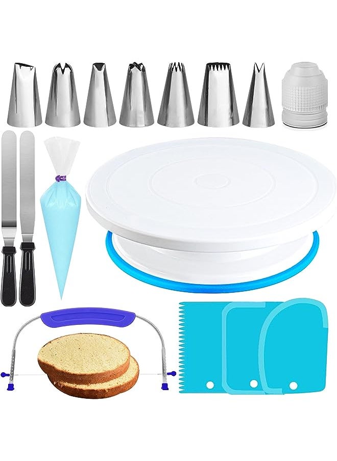 RFAQK 35PCs Cake Turntable and Leveler-Rotating Cake Stand with Non Slip pad-7 Icing Tips and 20 Bags- Straight & Offset Spatula  - Image 1