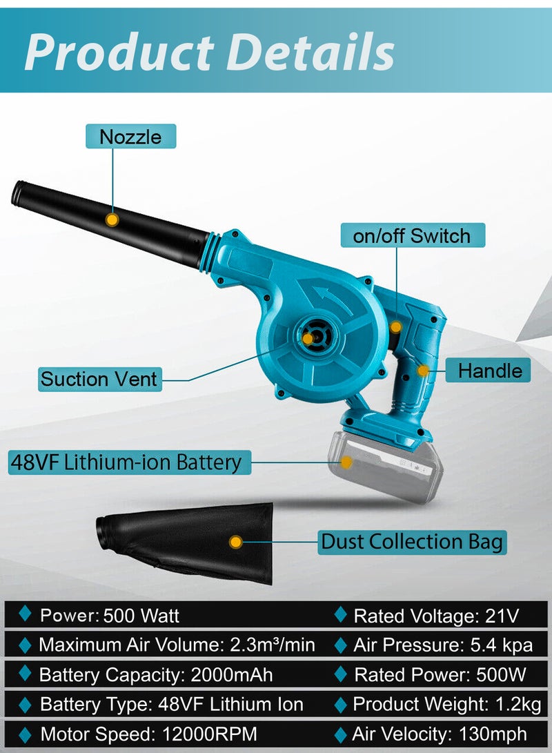 DBLEW 500W Rechargeable 2 In 1 Blow and Suction Turbine Dust Air Blower And Vacuum Cleaner Aspirator Leaf Blower for Garden Garage Computers Car Drying Industrial Grade Machine Power Tool Quick Cleaning - Image 3