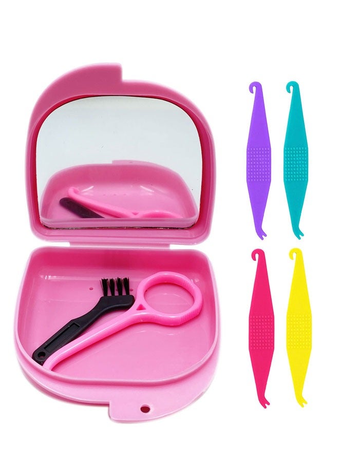 Oral Care Disassembly Kit for Orthodontic 7pcs Included 1 Retainer Case, 1 Aligner Remover Tool, 4 Elastic Rubber Bands Placers,1 Cleaning Brush (Pink)
