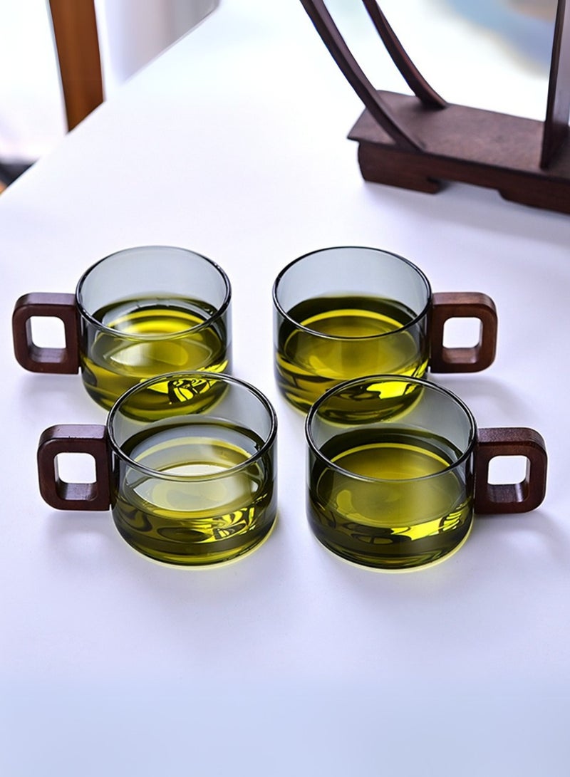 1Chase Set of 4 - 200ML Borosilicate Glass Cups with Walnut Acacia Wooden Handle, Heat-Resistant & Elegant Glassware for Tea, Coffee & More, Smoky Grey - Image 1