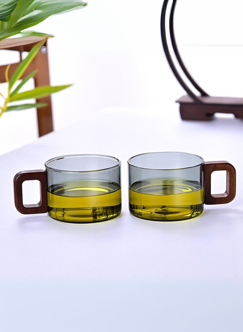 1Chase Set of 4 - 200ML Borosilicate Glass Cups with Walnut Acacia Wooden Handle, Heat-Resistant & Elegant Glassware for Tea, Coffee & More, Smoky Grey - Image 2