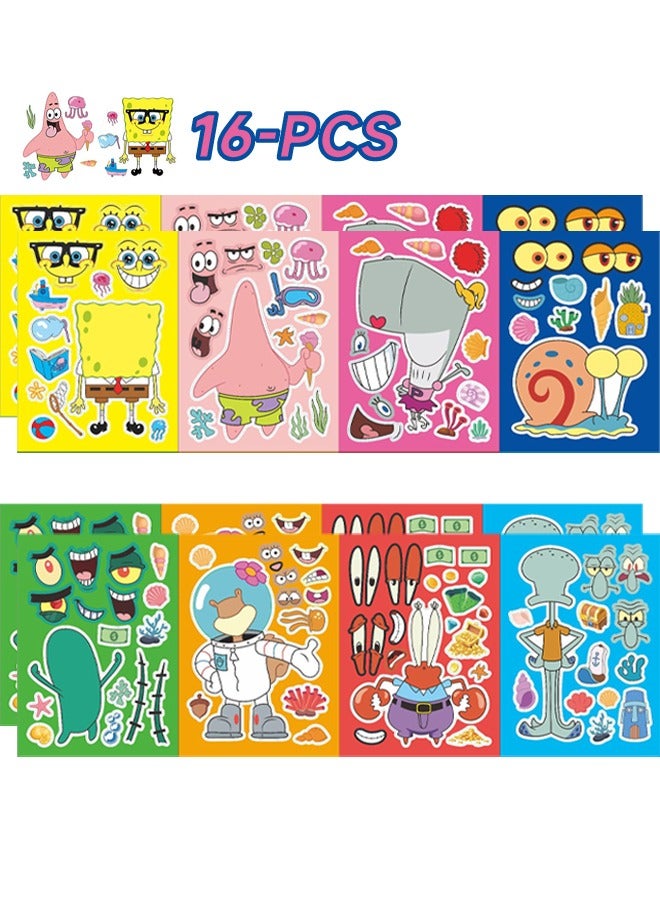 16PCS Make a Face Stickers, Cartoon Spongebob Theme Stickers, Book Crafts for Kids, DIY Party Supplies Favors Make Your Own Stickers, for Birthday Gifts Reward （8 Styles, 16Pcs） - Image 1