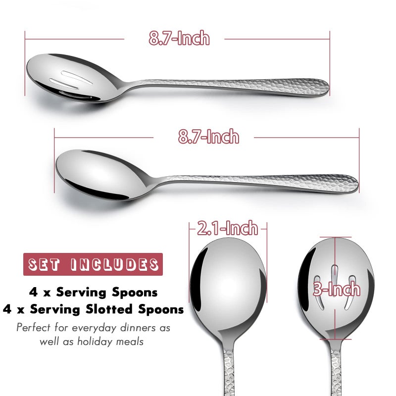 E-far ملاعق تقديم مطروقة، مجموعة أدوات تقديم معدنية E-far مكونة من 8 قطع - ملعقة صلبة x 4، ملعقة مشبكة x 4، مجموعة ملاعق تقديم من الفولاذ المقاوم للصدأ لخدمة حفلات الكاترينغ والمناسبات والمطاعم - Image 2