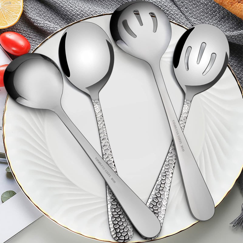 E-far ملاعق تقديم مطروقة، مجموعة أدوات تقديم معدنية E-far مكونة من 8 قطع - ملعقة صلبة x 4، ملعقة مشبكة x 4، مجموعة ملاعق تقديم من الفولاذ المقاوم للصدأ لخدمة حفلات الكاترينغ والمناسبات والمطاعم - Image 4