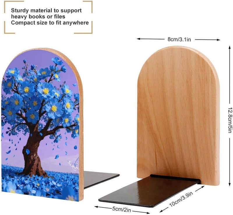 Blue Plants Bookends 1 Pair Solid Natural Wooden Book Ends, Duty Cute Book Stoppers, Decorative Book Holders for Home Office Desk Shelf, Perfect for Students, Book Lovers - Image 2