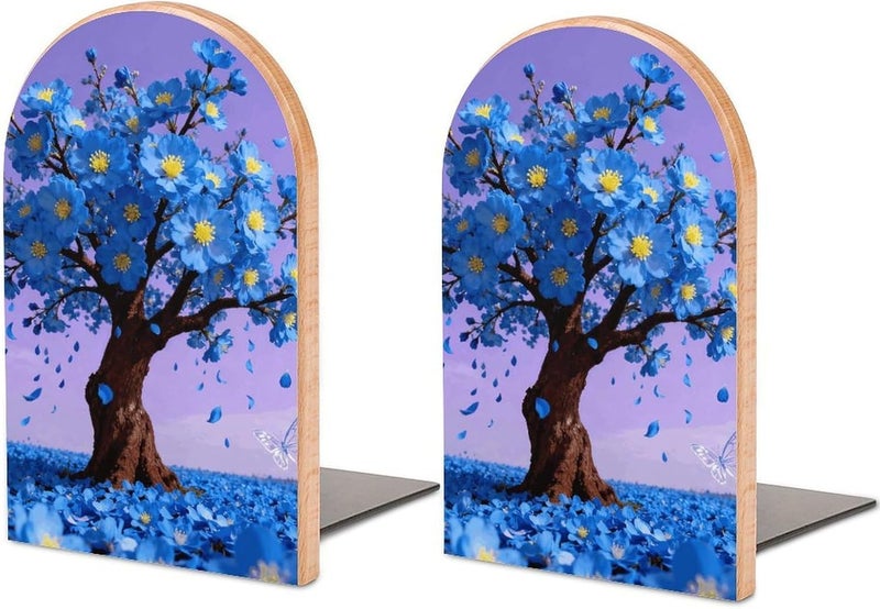 Blue Plants Bookends 1 Pair Solid Natural Wooden Book Ends, Duty Cute Book Stoppers, Decorative Book Holders for Home Office Desk Shelf, Perfect for Students, Book Lovers - Image 1