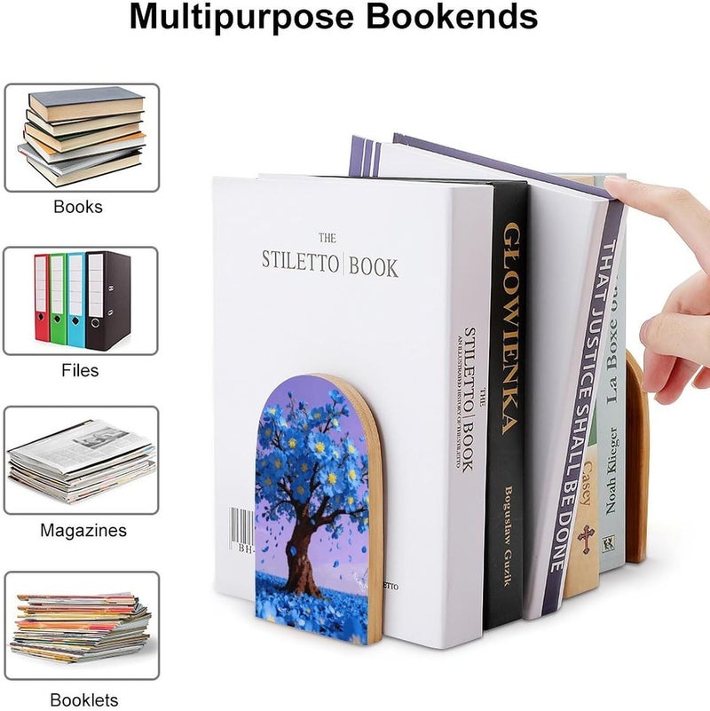 Blue Plants Bookends 1 Pair Solid Natural Wooden Book Ends, Duty Cute Book Stoppers, Decorative Book Holders for Home Office Desk Shelf, Perfect for Students, Book Lovers - Image 3