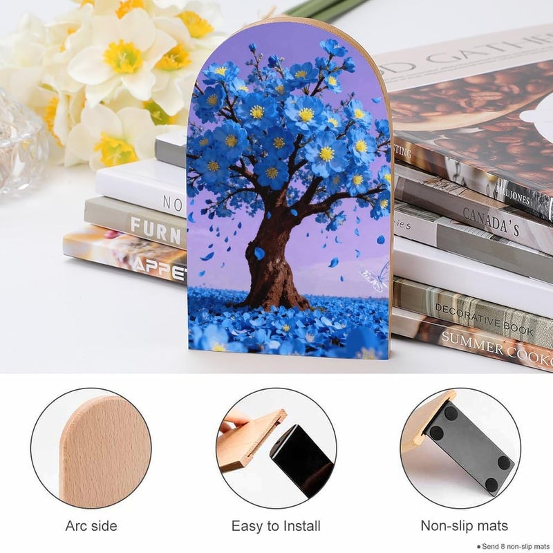 Blue Plants Bookends 1 Pair Solid Natural Wooden Book Ends, Duty Cute Book Stoppers, Decorative Book Holders for Home Office Desk Shelf, Perfect for Students, Book Lovers - Image 4