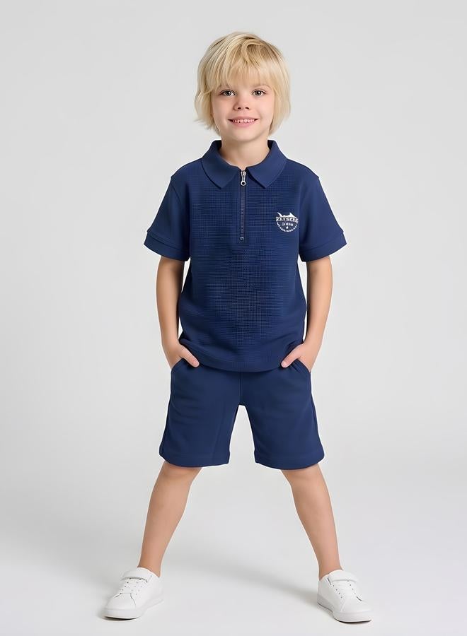 Take Two Boys Navy Blue Polo T-Shirt and Shorts Set By Juniorloom - Image 1