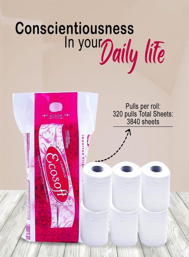 Laurels Ecosoft Toilet Tissue Paper | 2-Ply | 320 Pulls per Roll | Imported Virgin Pulp | Soft | Pack of 6 Rolls | 10cm x 10cm - Image 3