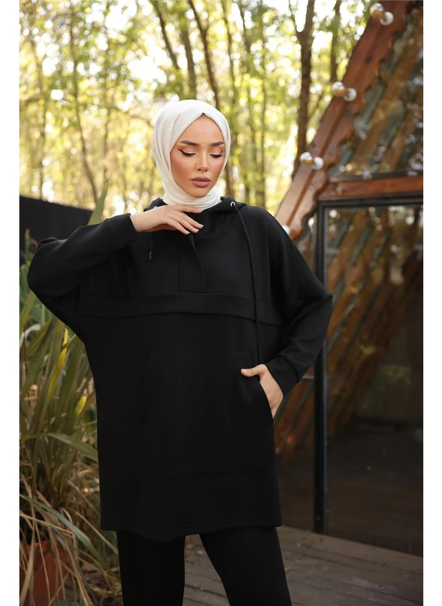 Bwest Hooded Kangaroo Pocket Sweat-Pants Double Tracksuit Sports Set - 71214.003 - Black