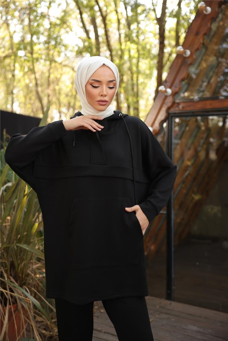 Bwest Hooded Kangaroo Pocket Sweat-Pants Double Tracksuit Sports Set - 71214.003 - Black - Image 2