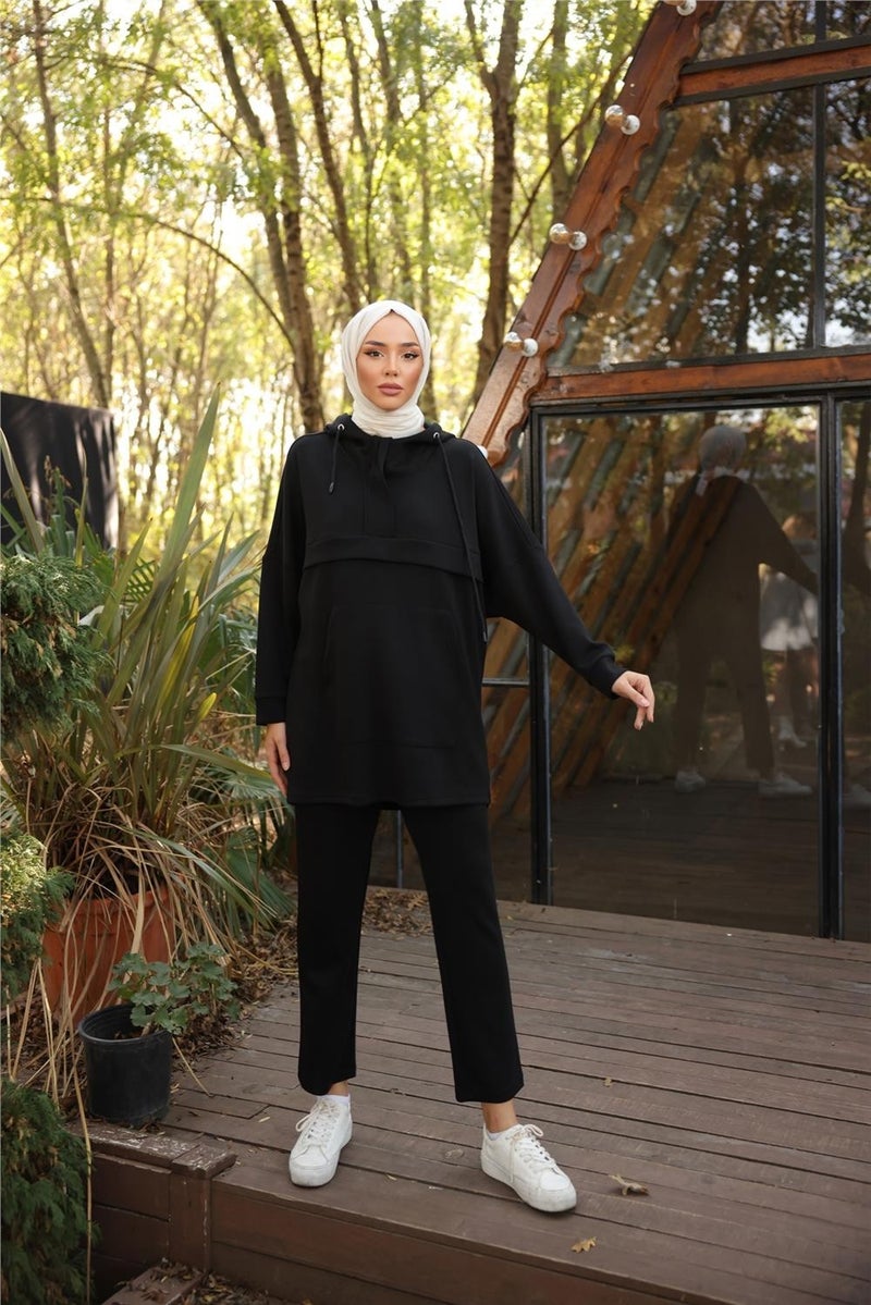 Bwest Hooded Kangaroo Pocket Sweat-Pants Double Tracksuit Sports Set - 71214.003 - Black - Image 5