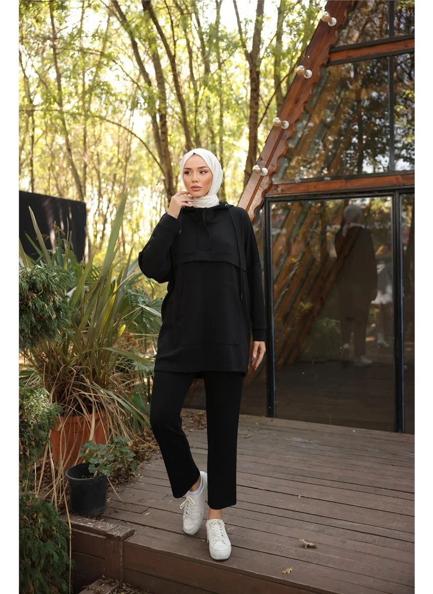 Bwest Hooded Kangaroo Pocket Sweat-Pants Double Tracksuit Sports Set - 71214.003 - Black