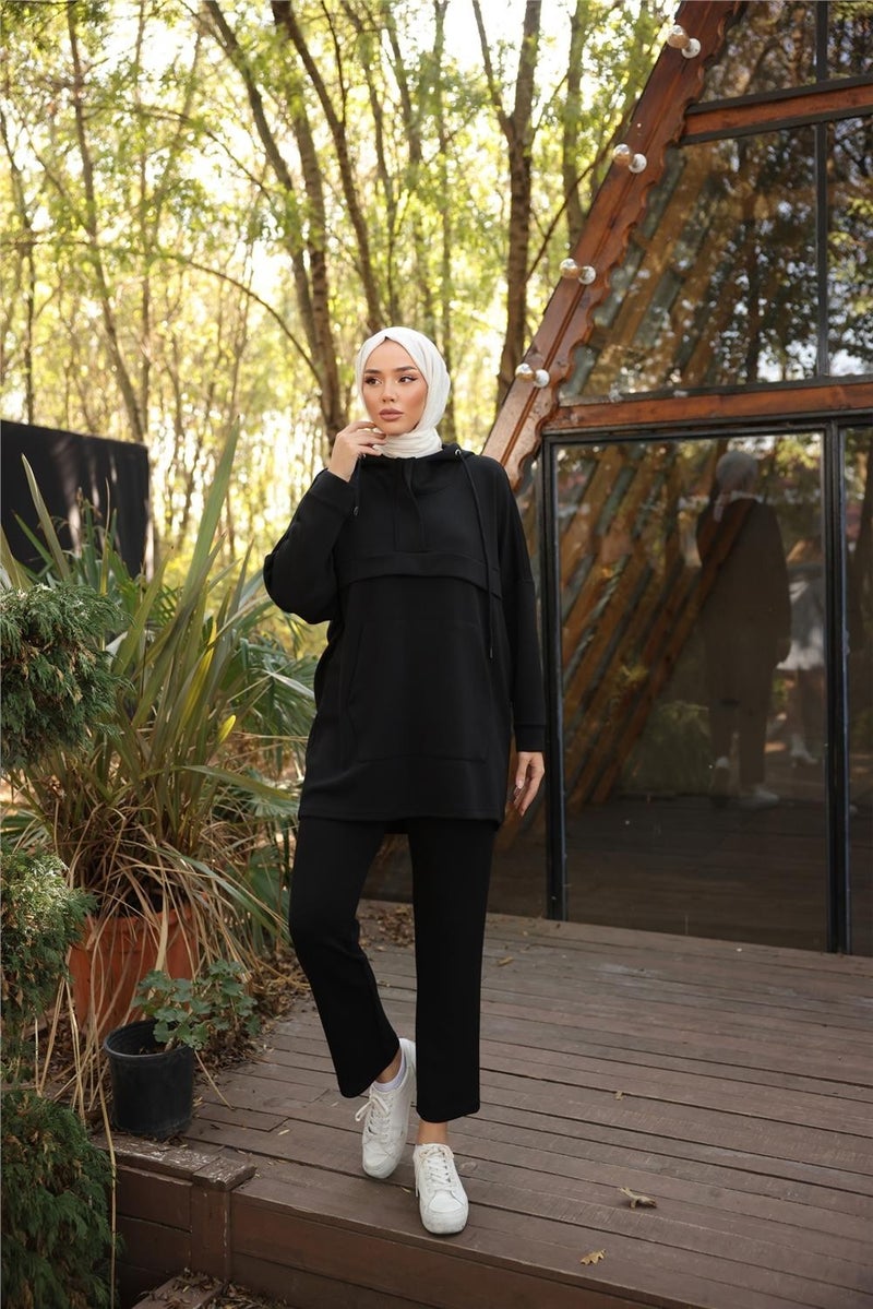 Bwest Hooded Kangaroo Pocket Sweat-Pants Double Tracksuit Sports Set - 71214.003 - Black - Image 1