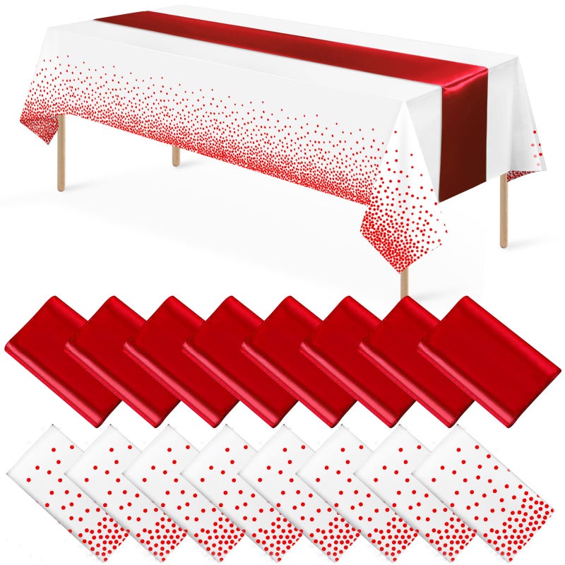 MASHAN 16Pack Disposable Plastic Tablecloths and Satin Table Runner Set White and Red Dot Tablecloth Red Satin Table Runner for Wedding Birthday Baby Shower Anniversary Christmas New Year Party Supplies