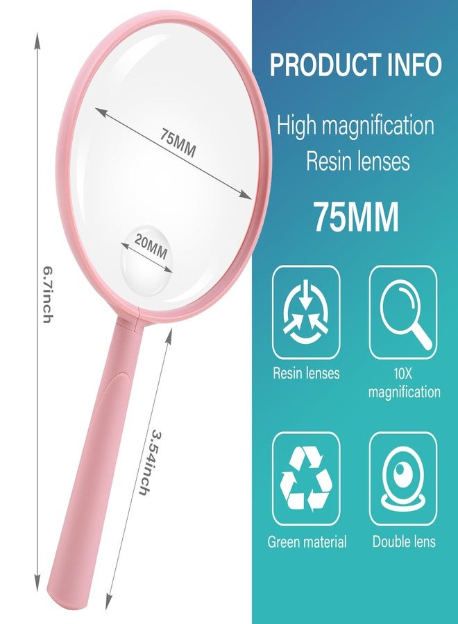 Feosky Handheld Reading Magnifier, 10X Magnifier,75mm Shatterproof Lens, Adults Close Work Non-Slip Handle for Seniors Reading and Nature Exploration (Pink) - Image 2