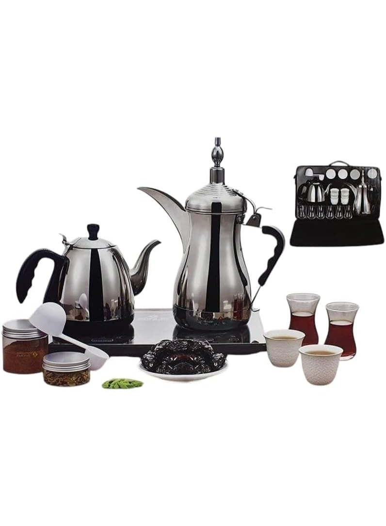 Gulf Dalla Traditional Arabic Coffee And Tea Set, Stainless Steel Electric Kettle, 1000W Fast Boil, Black Color, Portable Case – Model GA-C94847 - Image 1