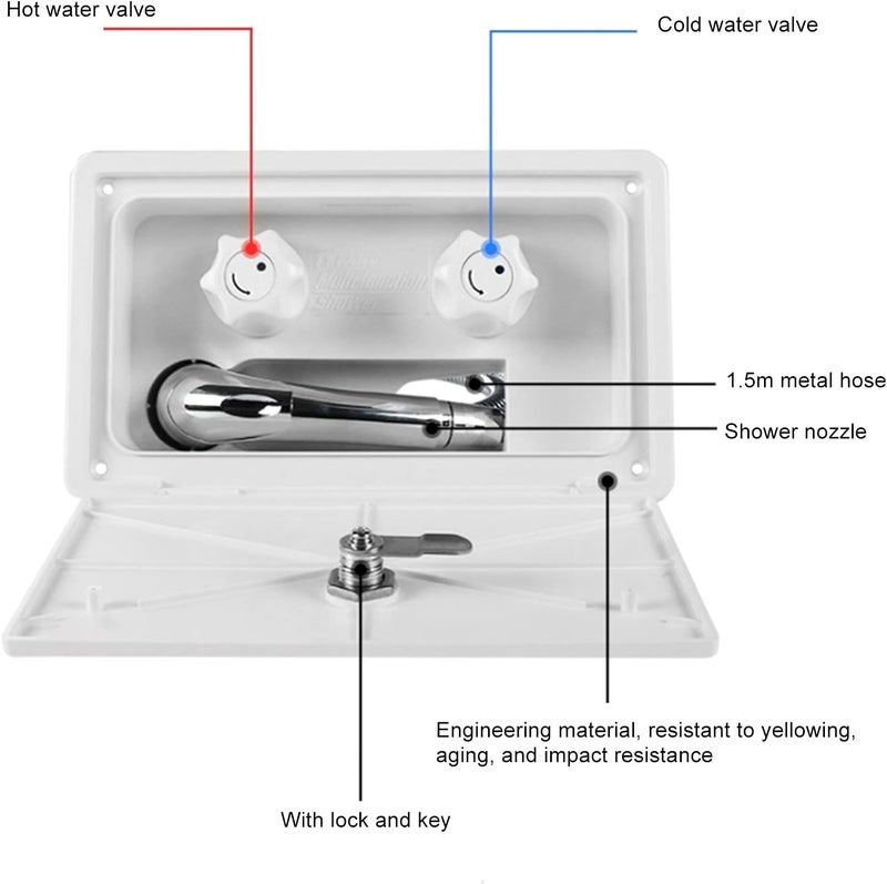 RV Exterior Shower Box Kit Dual Valve Cold Heat Double Contro with Shower Head Hot Cold Water Switch with 1.5m Metal Hose for Boat Camper Motorhome Exterior Faucet RV Shower Tool - Image 4