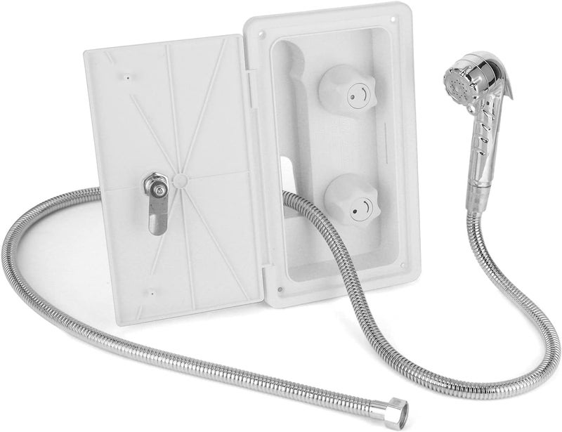 RV Exterior Shower Box Kit Dual Valve Cold Heat Double Contro with Shower Head Hot Cold Water Switch with 1.5m Metal Hose for Boat Camper Motorhome Exterior Faucet RV Shower Tool - Image 1