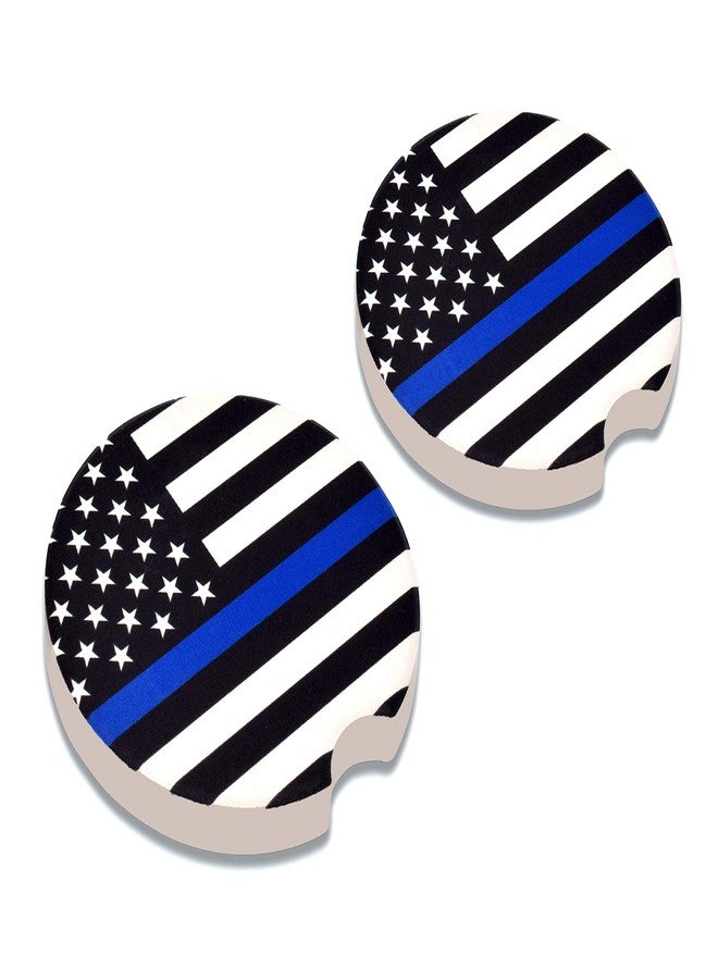 Elektroplate Police Thin Blue Line USA Flag Automotive Ceramic Coasters (2.6" Diameter) | Universal Fit for All Cars, Trucks, SUVs, and More | Absorbent Non-Slip Durable | Set of 2 - Image 1