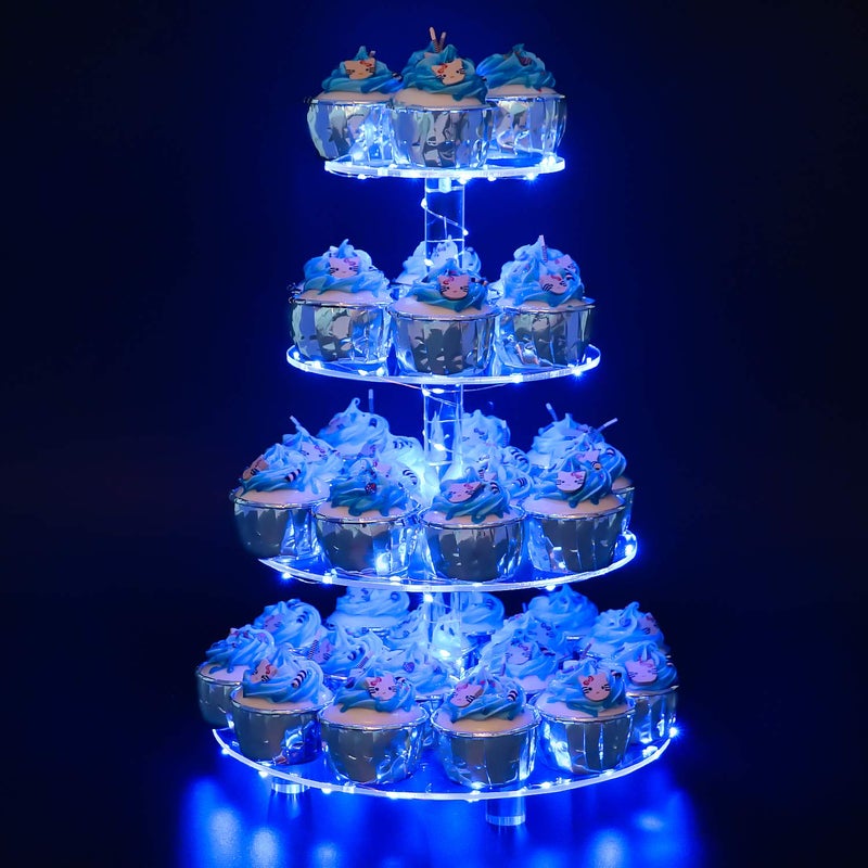 YestBuy 4 Tier Round Cupcake Stand  Premium Cupcake Holder  Acrylic Cupcake Tower Display Cady Bar Party Dcor  LED Light String  Ideal for Weddings Birthday Parties  Events Blue