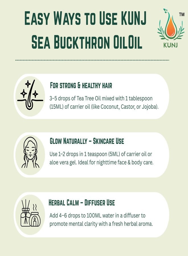 KUNJ Sea Buckthorn Oil (Hippophae rhamnoides) 100ML - 100% Pure & Natural, Undiluted, Cold Pressed - Therapeutic Grade Oil for Skin Nourishment, Radiance, Anti-Aging & Hydration - Image 3
