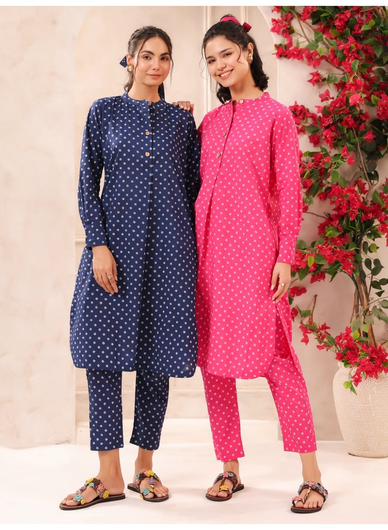 باناش برييا طقم كورتا وبنطال من القطن الخالص بطبعة بندهاني باللون الأزرق للنساء – طقم كورتى بقصة على شكل حرف A وياقة ماندارين، من الأزياء الهندية التقليدية - Image 5