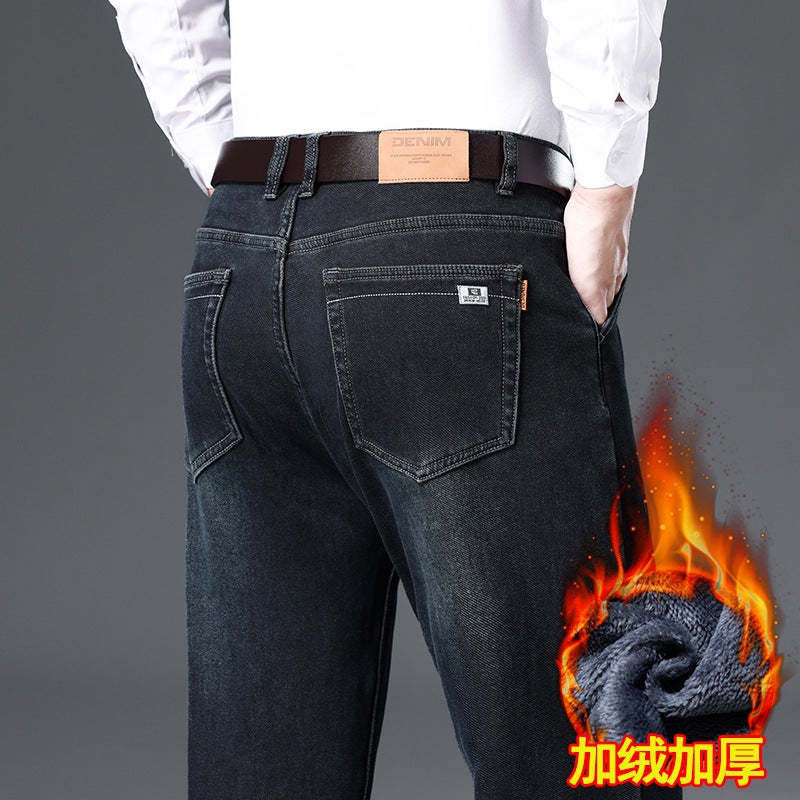 Fleece-Lined Thick Jeans Men'S Loose Straight Stretch Middle-Aged Casual Warm All-Match Fashionable Middle-Aged - Image 3