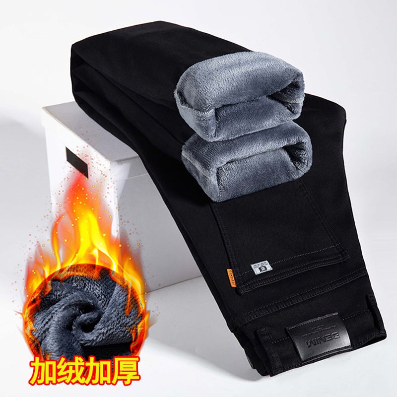 Fleece-Lined Thick Jeans Men'S Loose Straight Stretch Middle-Aged Casual Warm All-Match Fashionable Middle-Aged - Image 1