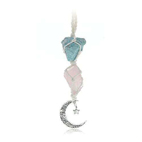 BOHO GARDEN Hanging Car Charm - Amazonite & Rose Quartz - Dangling Moon & Healing Crystal Accessories, Rearview Mirror Decorations - Self-Love, Honesty, Clarity, Connection, Self-Worth, Love, Energy - Image 1