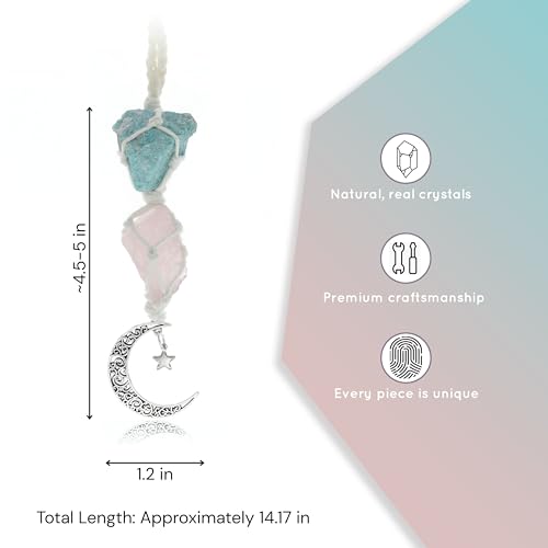 BOHO GARDEN Hanging Car Charm - Amazonite & Rose Quartz - Dangling Moon & Healing Crystal Accessories, Rearview Mirror Decorations - Self-Love, Honesty, Clarity, Connection, Self-Worth, Love, Energy - Image 3