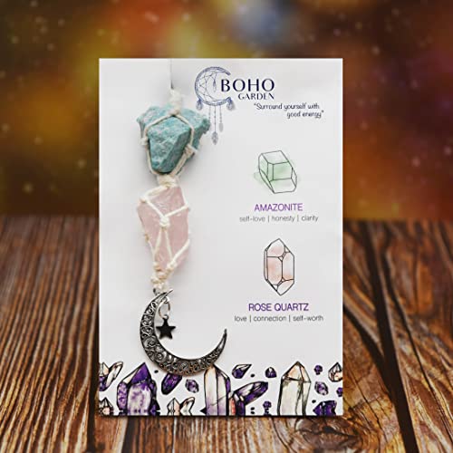 BOHO GARDEN Hanging Car Charm - Amazonite & Rose Quartz - Dangling Moon & Healing Crystal Accessories, Rearview Mirror Decorations - Self-Love, Honesty, Clarity, Connection, Self-Worth, Love, Energy - Image 2