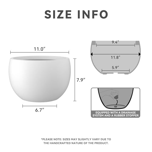 Kante 11.8" Dia Round Concrete Planter, Outdoor/Indoor Large Bowl Plant Pots with Drainage Hole and Rubber Plug for Garden Patio Balcony Home, Pure White - Image 2