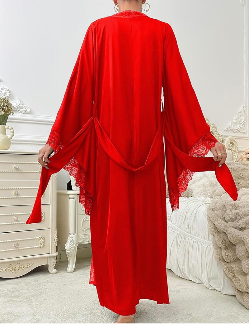 Sthxyfaith Women's Silk Long Robe with Lace Trim - Red Bridal Kimono - Image 3