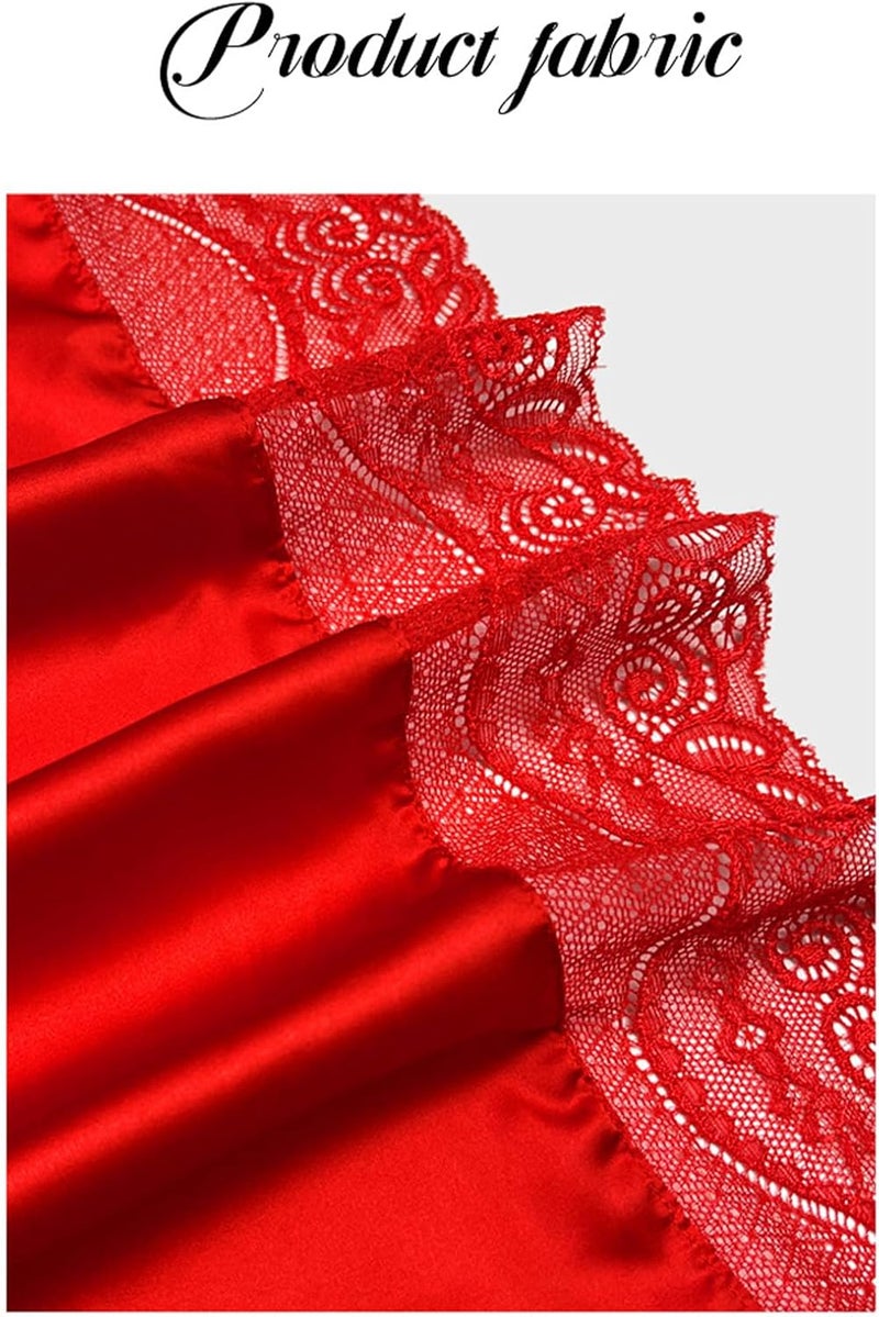 Sthxyfaith Women's Silk Long Robe with Lace Trim - Red Bridal Kimono - Image 5