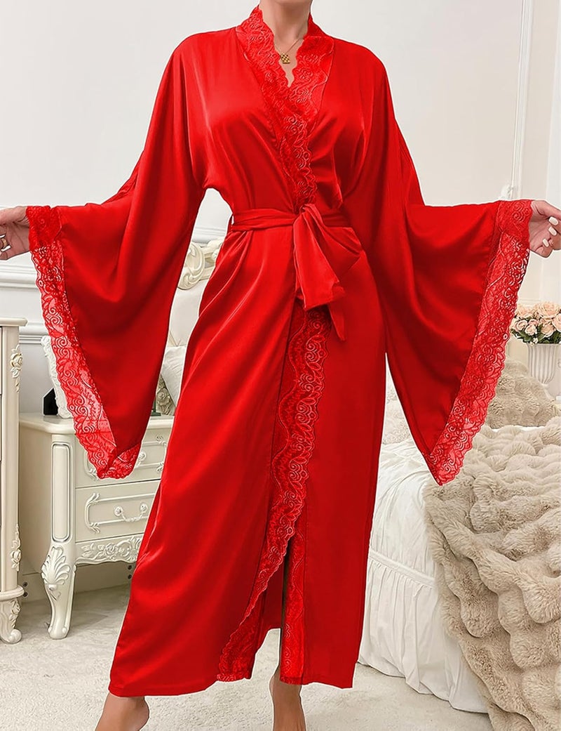Sthxyfaith Women's Silk Long Robe with Lace Trim - Red Bridal Kimono - Image 4
