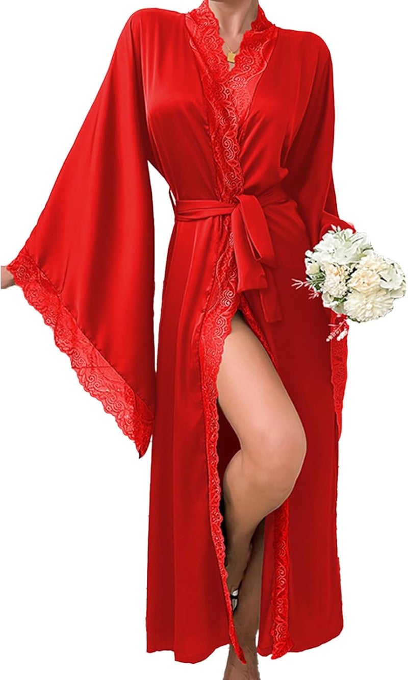 Sthxyfaith Women's Silk Long Robe with Lace Trim - Red Bridal Kimono - Image 1