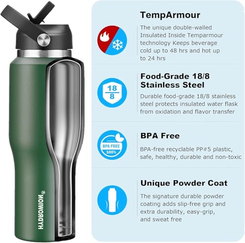 HYDROWION 40 oz Insulated Water Bottle with Straw fit in Car Cup Holder(Cold 48 hrs, Hot 24 hrs) Drinking Bottle with Straw Lid, Spout Lid and Flex Cap Leakproof Travel Thermo Mug，Olive - Image 2