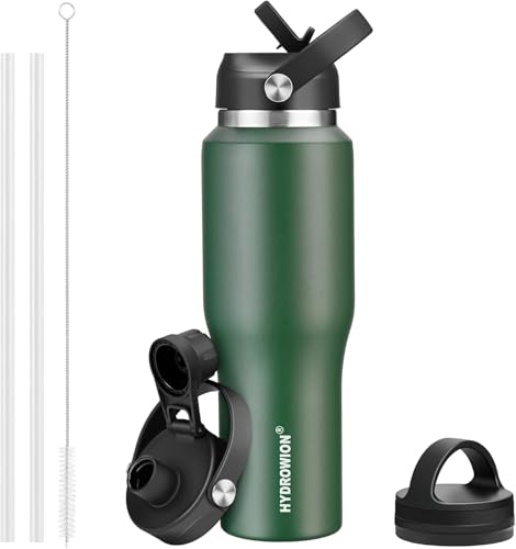 HYDROWION 40 oz Insulated Water Bottle with Straw fit in Car Cup Holder(Cold 48 hrs, Hot 24 hrs) Drinking Bottle with Straw Lid, Spout Lid and Flex Cap Leakproof Travel Thermo Mug，Olive - Image 1
