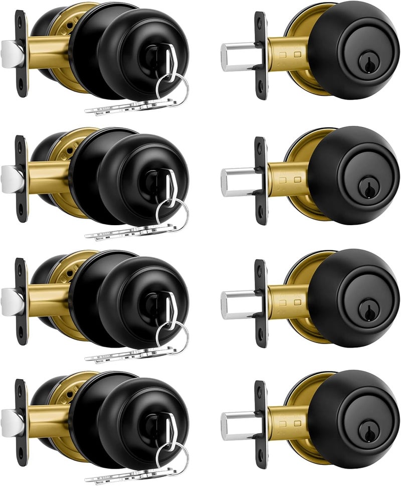 Plustool 4 Pack Front Door Lock Set,Matte Black Exterior Door Lock Set with Deadbolt,Single Cylinder Deadbolt Lock and Door Knob Set,Keyed Alike Door Knob with Lock&Keys,Round Ball Entry Door Lockset - Image 1