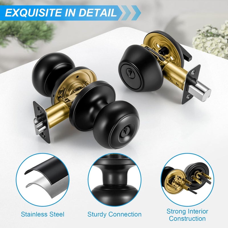 Plustool 4 Pack Front Door Lock Set,Matte Black Exterior Door Lock Set with Deadbolt,Single Cylinder Deadbolt Lock and Door Knob Set,Keyed Alike Door Knob with Lock&Keys,Round Ball Entry Door Lockset - Image 3