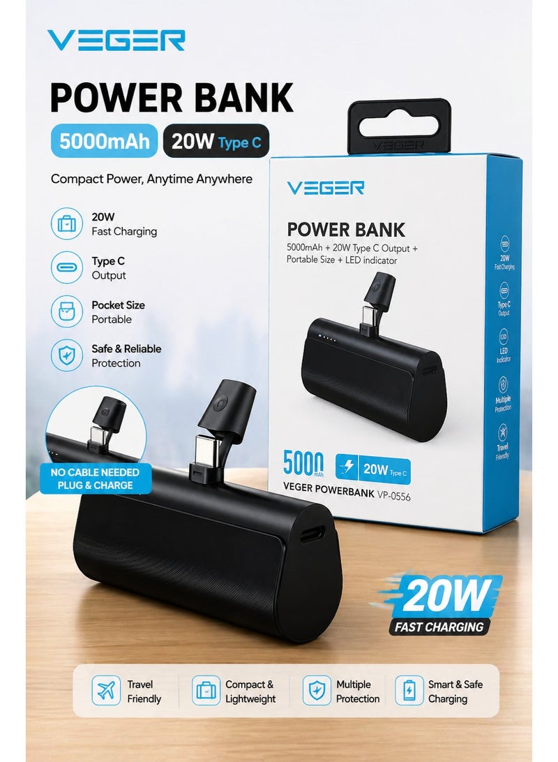 VEGER 5000mAh Power Bank 20W PD Fast Charging Type-C – Mini Portable Charger with Built-in USB-C Connector, Compact Pocket Size Battery Pack for Android & USB-C Devices