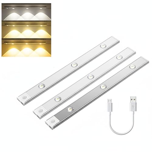 GITGRNTH ( Pack of 3 40cm Motion Sensor Cabinet Light, 1200 mAh Battery| 3 Color Modes (Warm/Neutral/Cool White) | USB Rechargeable Under Cabinet Lighting Perfect for Kitchen, Wardrobe - Image 1