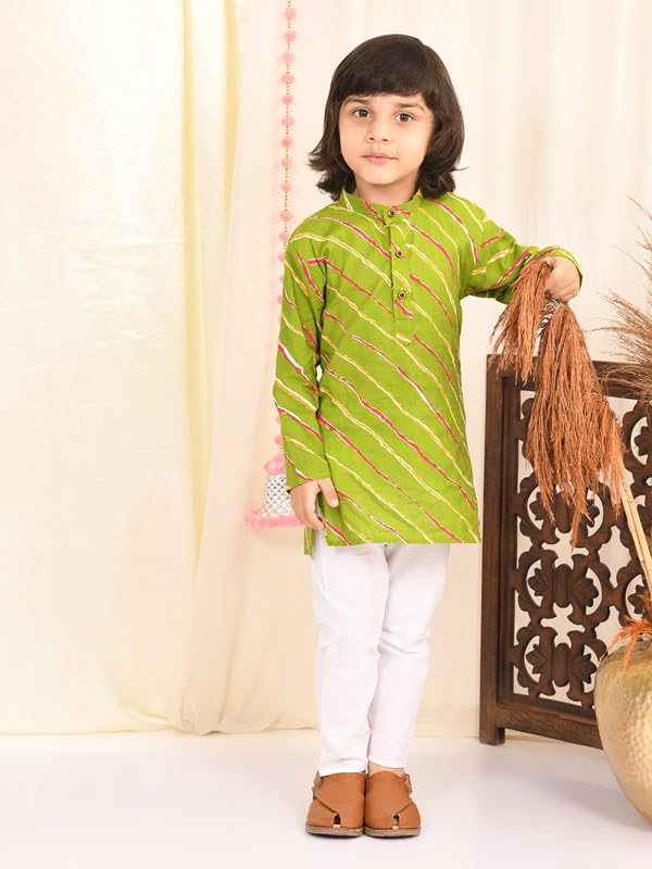 superminis Boys Sanganeri Lehariya Print Kurta and White Pyjama with Elastic Closure (9-10 Years, Green) - Image 2