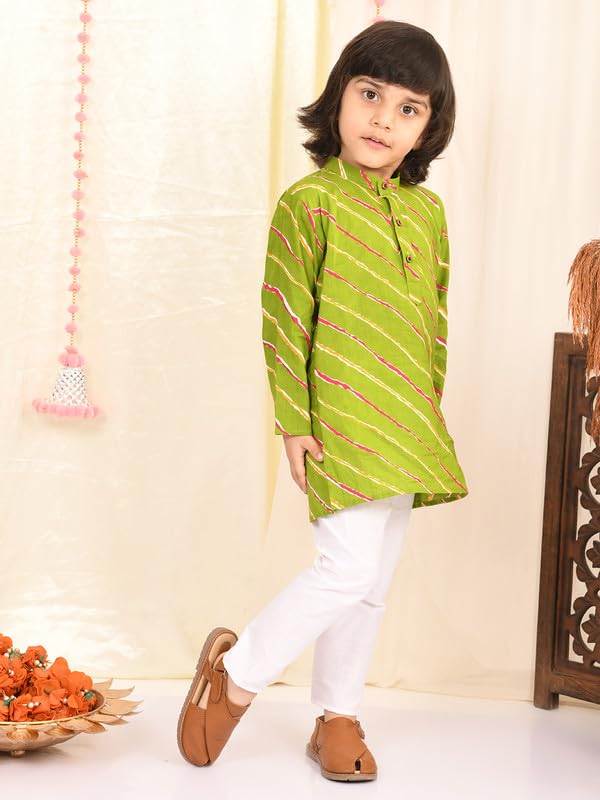 superminis Boys Sanganeri Lehariya Print Kurta and White Pyjama with Elastic Closure (9-10 Years, Green) - Image 5