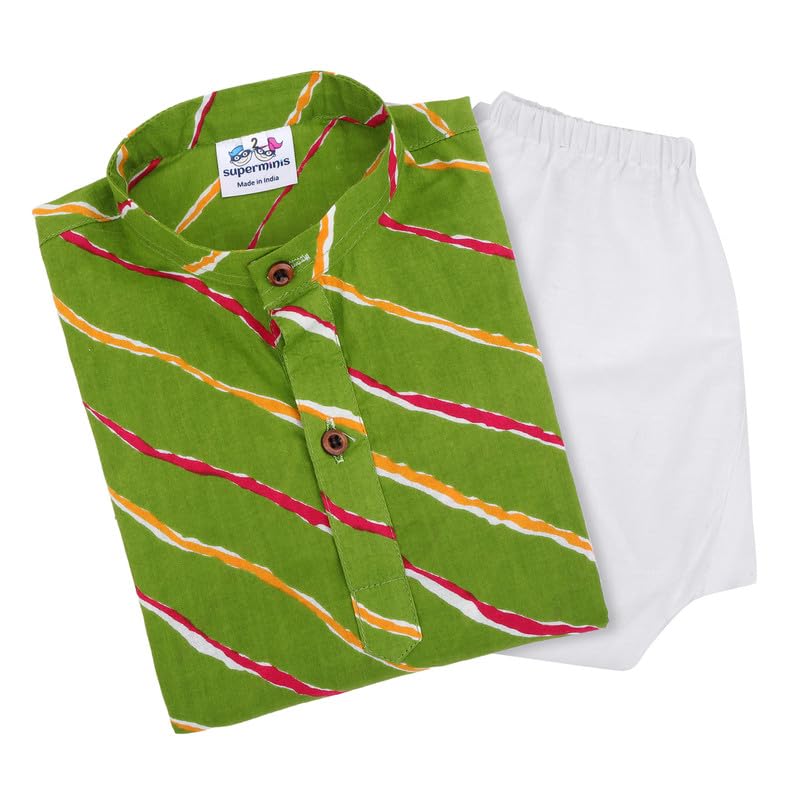 superminis Boys Sanganeri Lehariya Print Kurta and White Pyjama with Elastic Closure (9-10 Years, Green) - Image 1